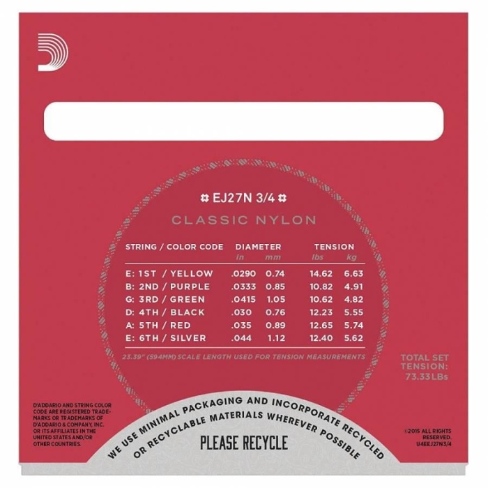 DAddario EJ27N 3/4 Classics Serisi Klasik Gitar Tel Seti (3/4 Ölçek - Normal Tension - Gümüş Sarım)